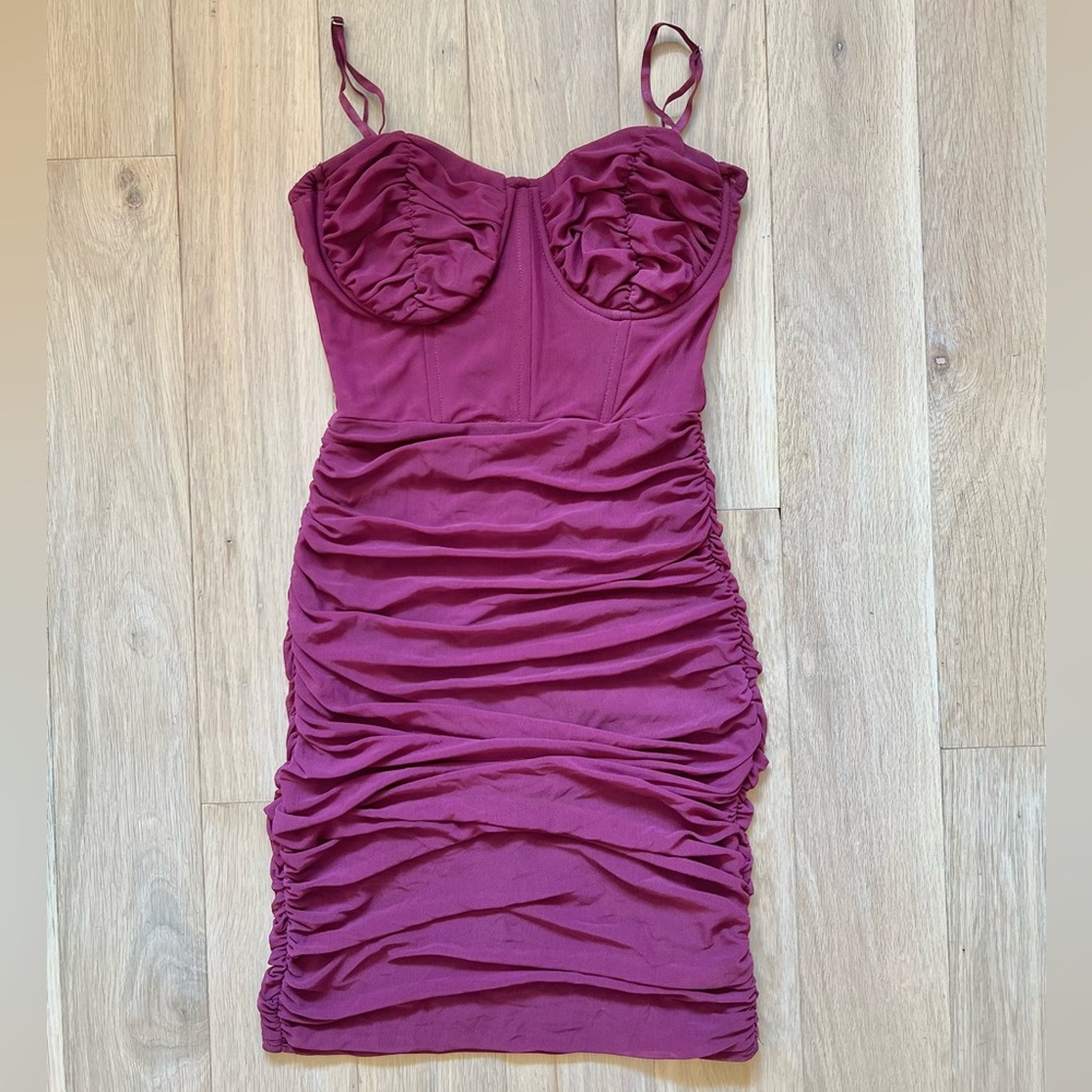 Windsor Ruched Corset Bodycon Mesh Mini Dress in Deep Berry